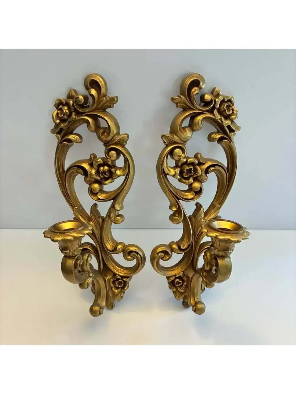 Pair Vintage HOMCO 4118 Gold Wall Candle Sconces Syroco Style w Glass Cups